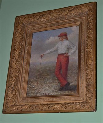 Lot 426 - Gilt framed oil on canvas, golfer, indistinctly signed