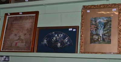 Lot 429 - A needlework sampler dated 1822, two framed fans and a pair of watercolours of Ullswater (5)