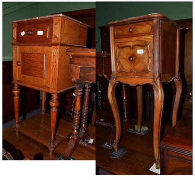 Lot 572 - A French Louis XV style walnut bedside table with rouge marble top and a similar oak bedside...