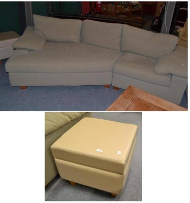 Lot 723 - A beige three seater corner settee and three cream leather covered footstools