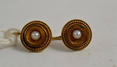 Lot 5 - A pair of Victorian disk earrings with pearl centres, cased