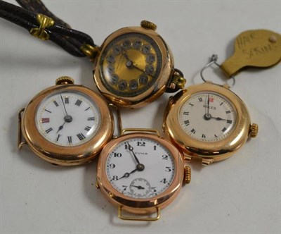 Lot 6 - Four lady's wristwatches with cases stamped '375' and one inscribed Rolex