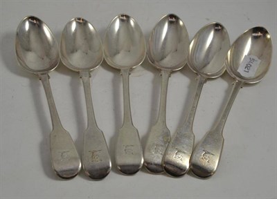 Lot 11 - Six George IV silver tablespoons, WC, London 1828/29, fiddle pattern, each engraved with the...