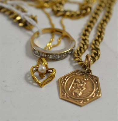 Lot 15 - A 9ct gold half hoop ring, a 9ct gold St Christopher charm on chain and a heart pendant on...