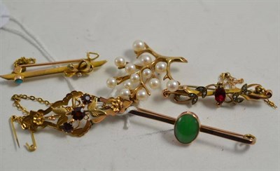 Lot 22 - Four assorted bar brooches, some marked '9CT' and a 9ct gold cultured pearl spray brooch (5)