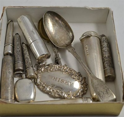 Lot 27 - Eight silver cheroot holders, a Newcastle silver teaspoon, Gowland Brothers, a Whisky decanter...