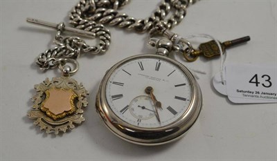 Lot 43 - A silver pair cased pocket watch signed Stewart Dawson and Co, Liverpool, a watch chain and...