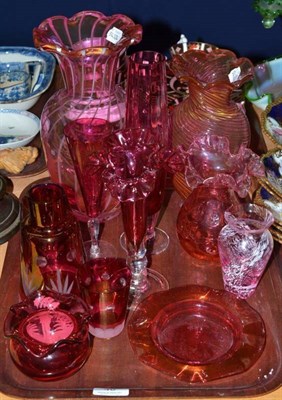 Lot 46 - A tray of assorted Victorian and later cranberry glass