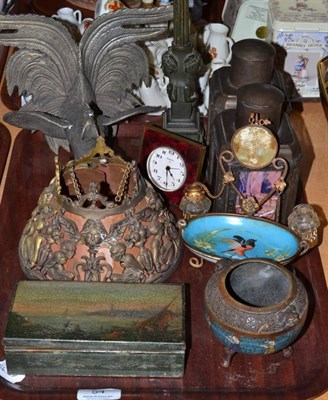 Lot 54 - Tray of metalware, candlestick, brass light shade, clock, small cloisonne bowl, etc
