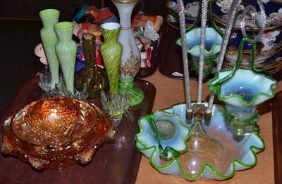 Lot 61 - Victorian green trailed epergne (damaged) and other green coloured glass