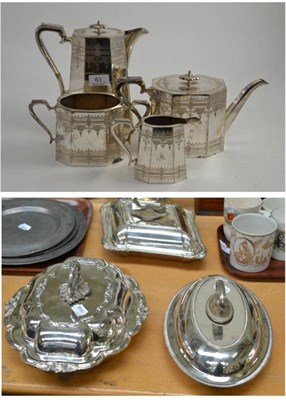 Lot 63 - Four plated entree dishes and covers and a four piece plated tea set