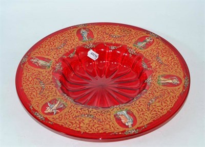 Lot 74 - Venetian ruby glass dish, the ovals painted with classical figures, 41cm diameter