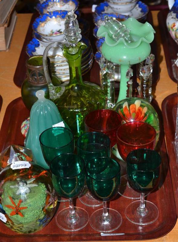 Lot 78 - Tray of assorted coloured glassware including a Victorian dump style paperweight with floral...
