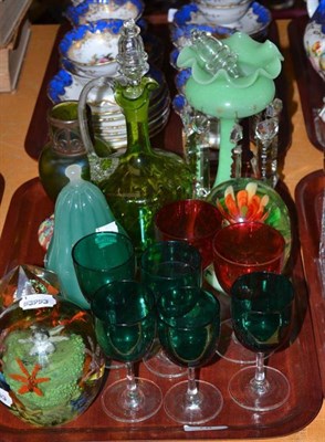 Lot 78 - Tray of assorted coloured glassware including a Victorian dump style paperweight with floral...