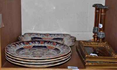 Lot 85 - Four Mason's ironstone plates and a square dish, a pair of metal candlesticks and two small...