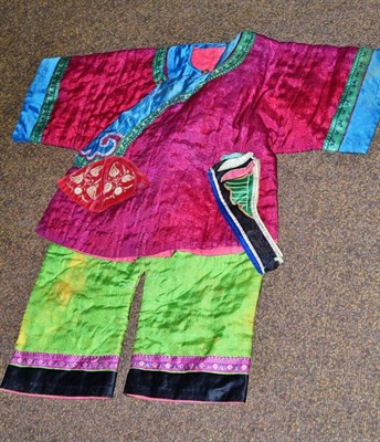 Lot 88 - Childs padded cotton Chinese robe, trousers and headband, and Indian red velvet cap