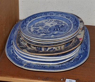 Lot 90 - Five 19th century Staffordshire Willow pattern meat dishes and four plates
