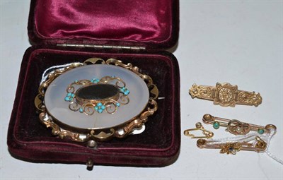 Lot 104 - A chalcedony and turquoise brooch, a fly brooch set with pearls and a sapphire, a pearl and...