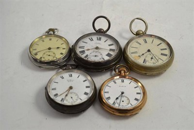 Lot 115 - Three silver pocket watches and two plated pocket watches