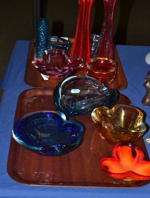 Lot 125 - Eight various Art Glass ashtrays, vases and dishes and a Whitefriars Bark vase (9) (on two trays)