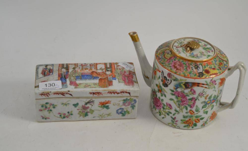 Lot 130 - A Cantonese porcelain teapot and cover and a Chinese famille rose box and cover