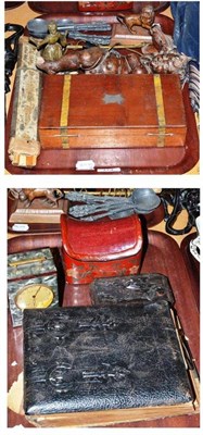 Lot 174 - Two trays including pewter spoons, Italian cherub figures, photo album, surgeons saw, mantel clock