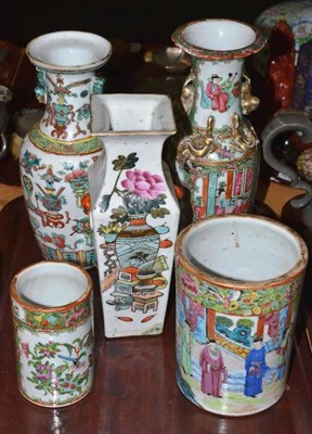 Lot 186 - Three Chinese famille rose vases and two other Chinese vases