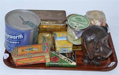 Lot 192 - Tray of assorted tins and a novelty dog mystery clock
