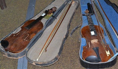 Lot 195 - A 3/4 violin and two bows (cased) and full size violin and bow