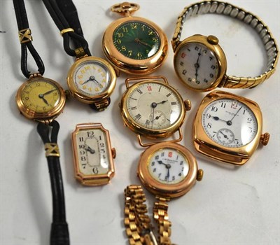 Lot 211 - Five lady's 9ct gold wristwatches, plated fob watch and two other plated wristwatches (8)
