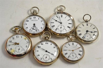 Lot 213 - Three silver open faced pocket watches, open faced pocket with case stamped 0.800, and two open...