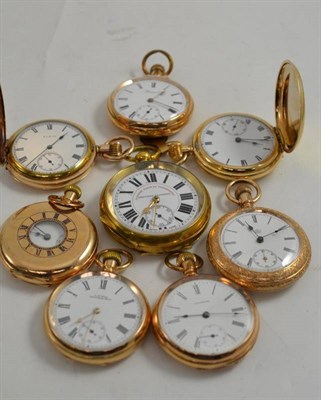 Lot 216 - Eight gold plated pocket watches including two full hunters, a half hunter and a Railway timekeeper