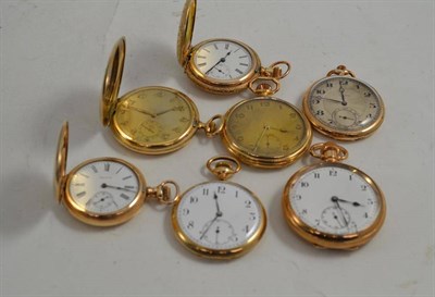 Lot 217 - Seven gold plated pocket watches, including one signed Rolex with engine turned dial, three...