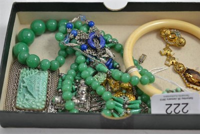 Lot 222 - Strand of jade type beads, ivory bangle, assorted necklaces and costume jewellery
