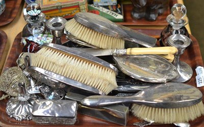 Lot 225 - A tray of silver and silver plate including silver backed dressing table brushes, hand mirror,...