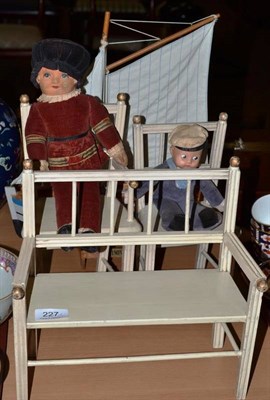 Lot 227 - A French child's/doll's house chair, armchair and settee, a model boat, a Deans doll and...