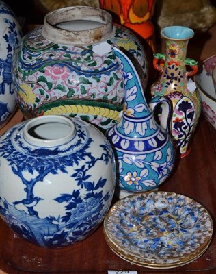 Lot 229 - A polychrome vase, a blue and white vase, Iznic vase, small polychrome vase and three plates (7)