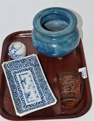 Lot 231 - Chinese blue glazed vase, oval dish with six character mark, Chinese small bowl and a resin cup