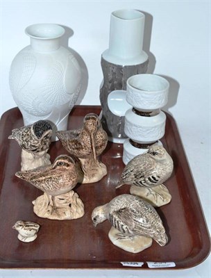Lot 234 - Five pottery figures of native British birds, a Kaiser porcelain vase and two others (8)