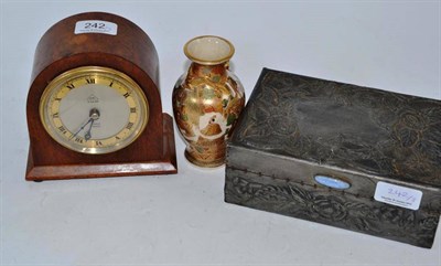 Lot 242 - Oak and burr wood Dent mantel clock, Arts and Crafts trinket box and a Japanese vase