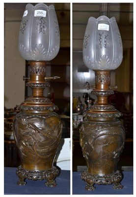 Lot 255 - Pair of Japanese bronze oil lamps
