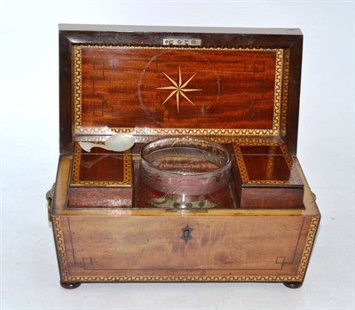 Lot 258 - Regency inlaid mahogany tea caddy with shell handles, two compartments and etched glass mixing bowl