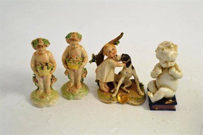 Lot 267 - Pair 19th century porcelain figures of Putto with flowers and two Continental figures