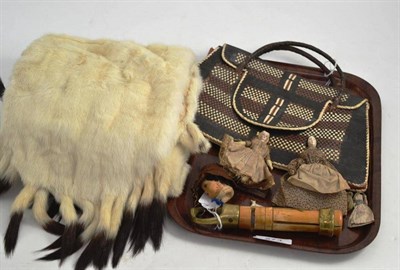 Lot 273 - Two miniature dolls, another rat and dog, a cue cleaner, a parasol, a stole and a handbag
