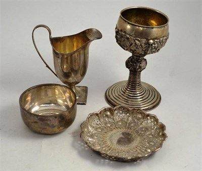 Lot 282 - Silver pedestal cream jug, a goblet, a silver dish and a silver bowl