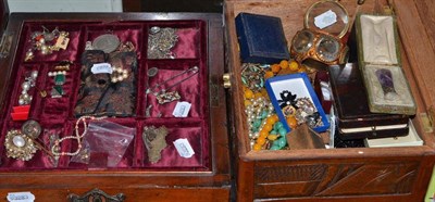 Lot 291 - Quantity including coins, silver, costume jewellery, beads etc contained in two wooden...