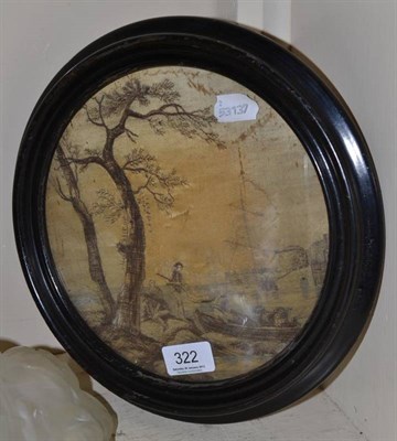 Lot 322 - An 18th century silkwork embroidery of fishermen in an ebonised circular frame