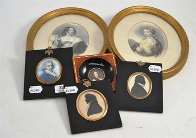 Lot 329 - Two 19th century silhouettes, a pair of oval prints and two modern miniatures (6)