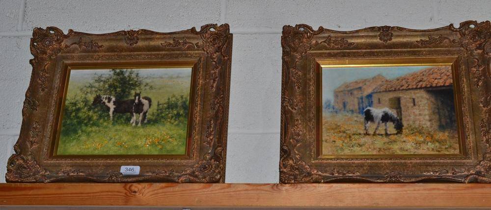 Lot 346 - N Barker, a pair of oils on board, horses