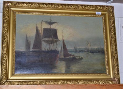 Lot 358 - Oil painting, Dutch school, 19th century, fishing boats off a quayside